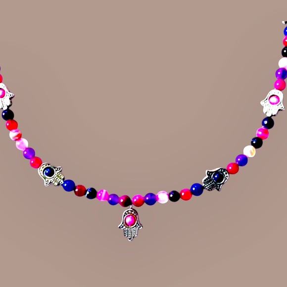 Hamsa Hand & Agate beaded Pink, Blue, Purple, & Silver Beaded Necklace Toggle - Picture 2 of 4